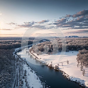 Aerial view of river thorugh snow covered forest in calm scene. Drone view photo from the drone on a cloudy photo