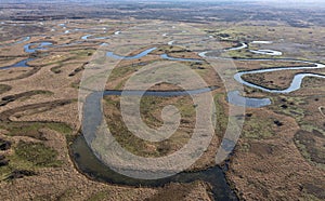 Aerial view of the river and trees in autumn day