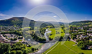 Aerial view of the River Usk and rural Welsh town of Abergavenny