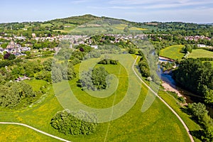 Aerial view of the River Usk and rural Welsh town of Abergavenny