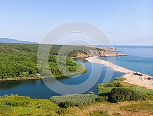 Aerial view of River Veleka meeting Black Sea. Bulgaria.