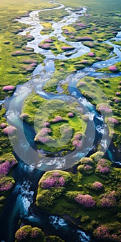 Aerial View Of River And Wildflowers: Max Rive Inspired Landscape