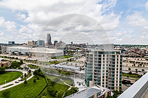Aerial view of Riverfront place condominium and downtown Omaha Nebraska skyline.