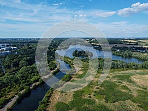 Aerial view of rivers and lakes in Hertfordshire UK