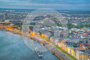 Aerial view of riverside of Rhein in Dusseldorf with Saint Lambertus church, Germany