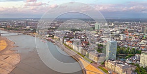 Aerial view of riverside of Rhein in Dusseldorf with Saint Lambertus church, Germany