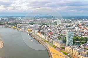 Aerial view of riverside of Rhein in Dusseldorf with Saint Lambertus church, Germany