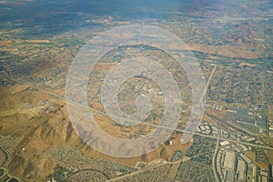 Aerial view of Riverside, view from window seat in an airplane