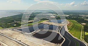 Aerial view of Riverview phosphogypsum stack, large open air phosphogypsum waste storage near Tampa, Florida. Byproduct