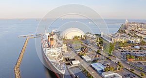 Aerial view of RMS Queen Mary ocean liner, Long Beach, CA