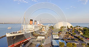 Aerial view of RMS Queen Mary ocean liner, Long Beach, CA