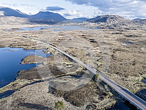 Aerial view of the road through the amazing landscape of Rannoch Moor