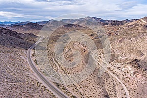 Aerial view of a road in the arid Nevada Desert