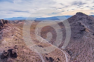 Aerial view of a road in the arid Nevada Desert