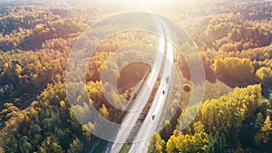 Aerial view of road in autumn forest at sunset. Amazing landscape with rural road, trees with red and orange leaves.