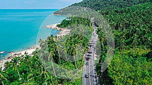 Aerial view of road and beach between Khanom and Sichon