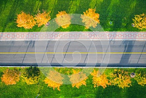 Aerial view of road through beautiful green field at sunset