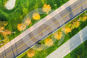 Aerial view of road through beautiful green field at sunset