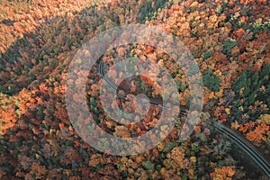 Aerial view of a road in Cherohala Skyway in autumn