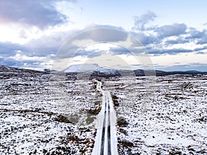 Aerial view of the road from Church Hill towards Glenveagh, County Donegal. Republic of Ireland