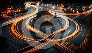 Aerial view of the road in the city at night. Car light trails.