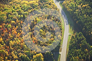 Aerial view of road curving through woods in fall color