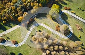 Aerial view of road in forest. Top view.