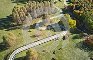Aerial view of road in forest. Top view.