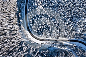 Aerial view on the road and forest at the winter time