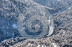 Aerial view on the road and forest at the winter time