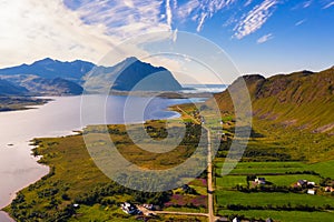 Aerial view of a road going through Lofoten Islands in Norway