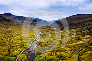 Aerial view of a road going to the village of Saksun on Faroe Islands