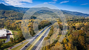 Aerial view road I-40 in North Carolina leading to Asheville during the Fall