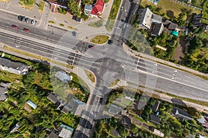 aerial view of road interchange or highway intersection. Junction network of transportation taken by drone