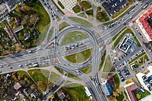 aerial view of road interchange or highway intersection. Junction network of transportation taken by drone