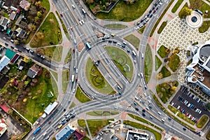 aerial view of road interchange or highway intersection. Junction network of transportation taken by drone