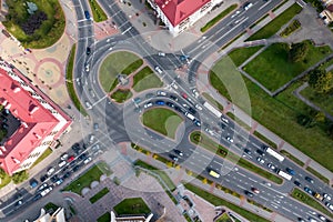 aerial view of road interchange or highway intersection. Junction network of transportation taken by drone