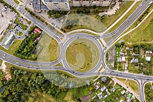 aerial view of road interchange or highway intersection. Junction network of transportation taken by drone