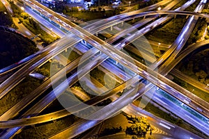 Aerial view of road interchange at night