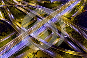 Aerial view of road interchange at night