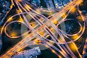 Aerial view of road interchange at night