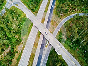 Aerial view of road interchange surrounded by forest in Finland, Northern Europe