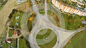 Aerial view road junction of five roads. Aerial of the outskirts of the city of Lida. Residential neighborhood. Belarus