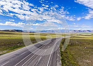 Aerial view of the road leading to Dogubayazit from Igdir. Plateau around Mount Ararat, mountains and hills. Eastern Turkey