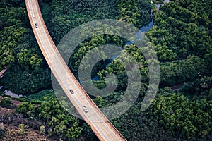 Aerial view of the road in lush green forest, Kauai, Hawaii