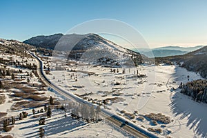 Aerial view of a road in mountains above Reno Nevada