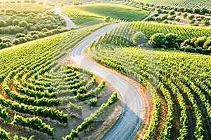 Aerial view of a road passing through a vineyard field