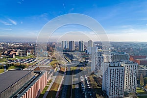 Aerial view on road and residential buildings in Katowice,