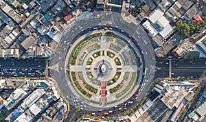 Aerial view Road roundabout, Expressway with car lots in the cit