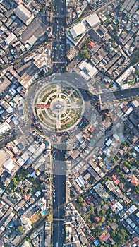 Aerial view Road roundabout, Expressway with car lots in the cit